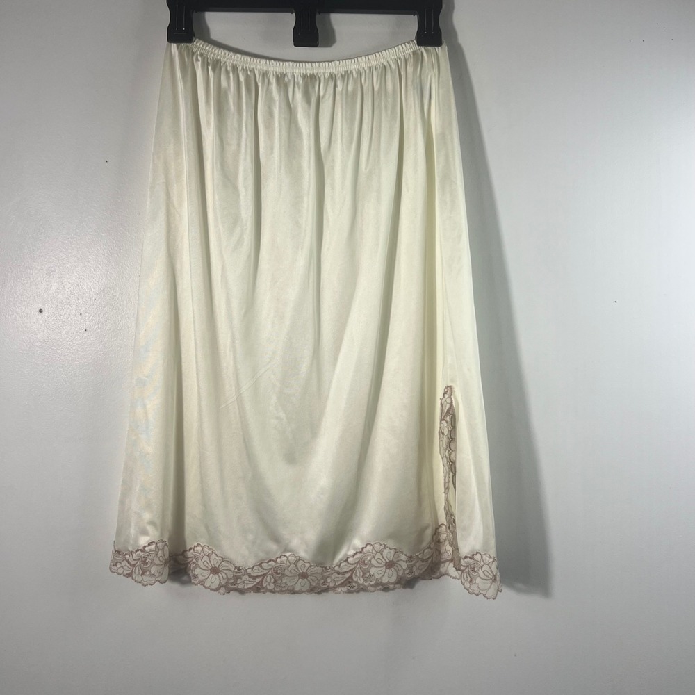 Vintage Vanity Fair Lace Skirt Slip Off White Brown Slit M/L Nylon Antron